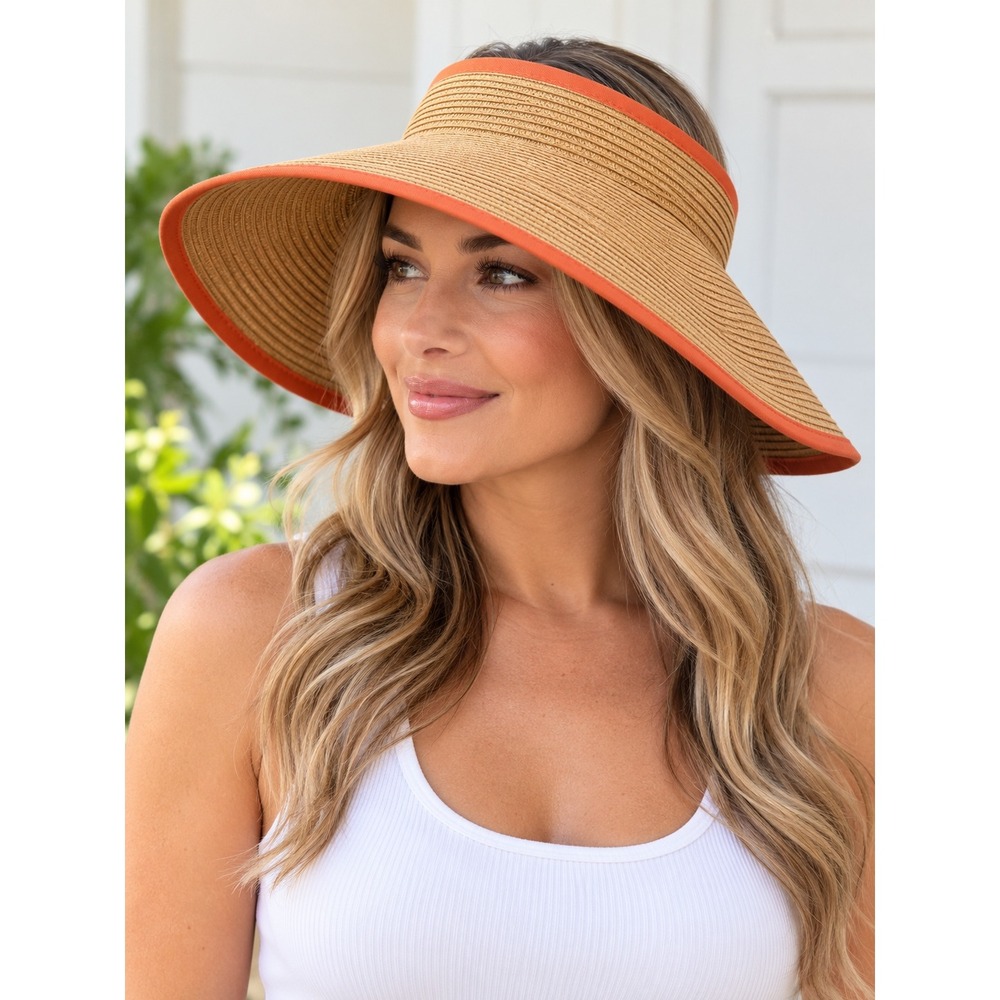 Bijoux Terner Women Straw Roll Up Sun Visor Tan Orange Trim Adjustable Beach Hat